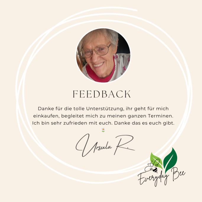 Feedback von einer Frau, die sich für die Unterstützung beim Einkauf bedankt.